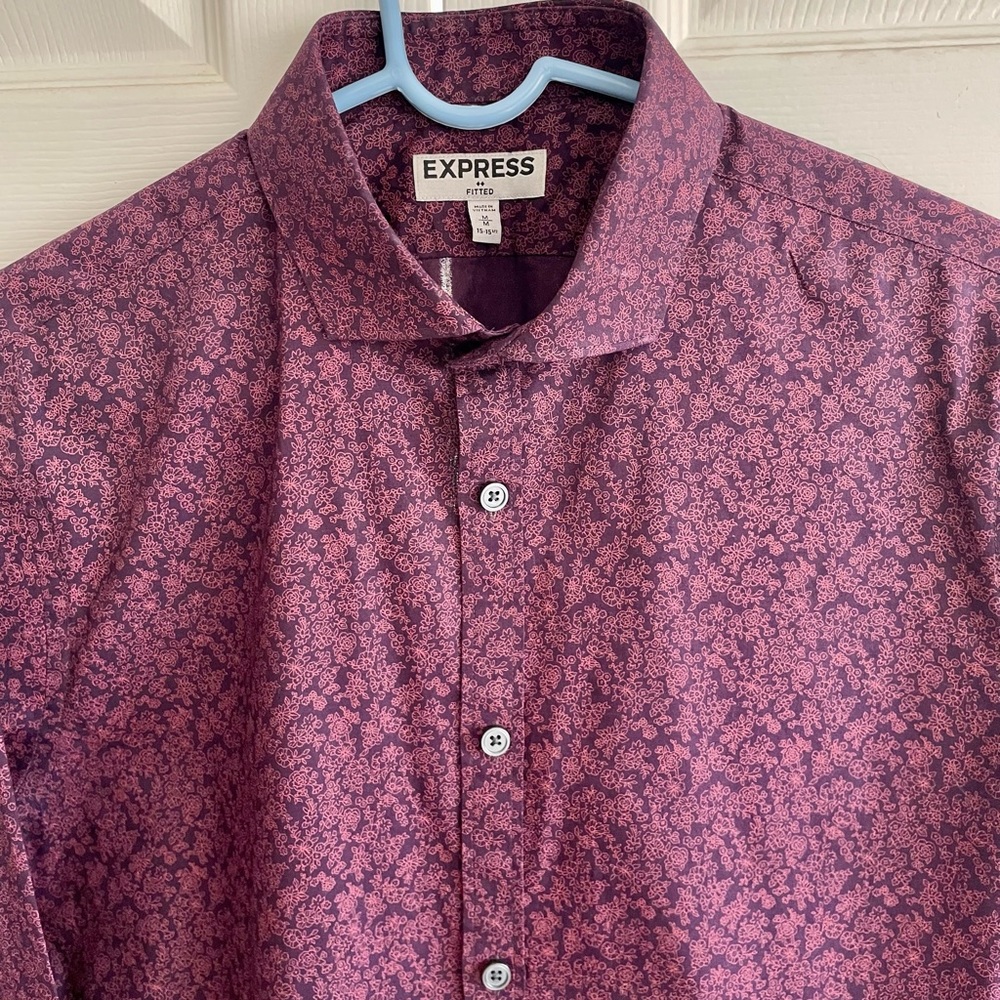 Express maroon floral pattern fitted dress shirt.